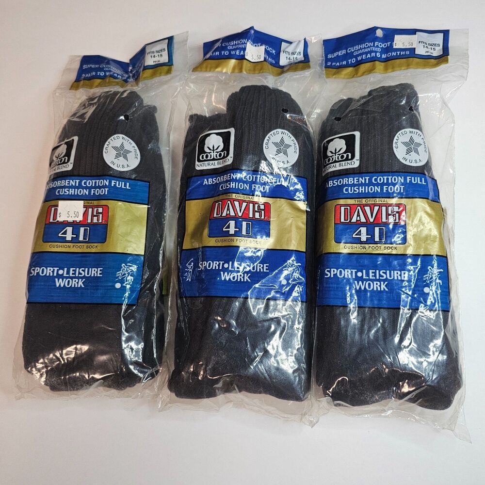 NOS Lot of 3 Davis 40 2-pack Men's Socks XL 14-15 Cotton Full Cushion Black